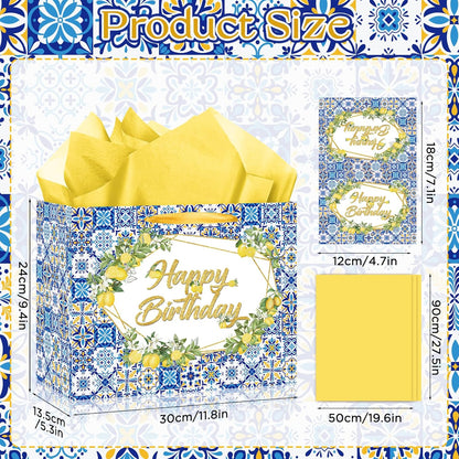 Capri Lemon Birthday Gift Bags Blue Tiles Gift Wrap Bag with Tissue Paper and Greeting Card Yellow Lemon Happy Birthday Wrapping Paper with Handle for Summer Lemon Bday Party Supplies Decorations