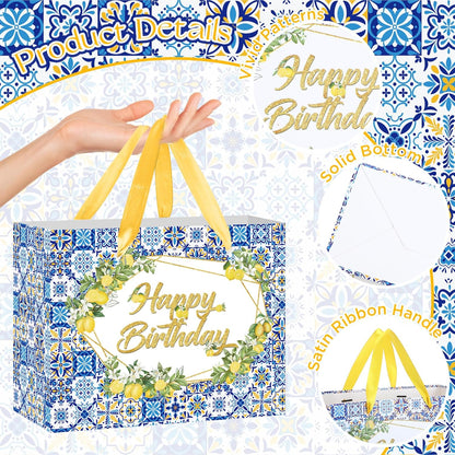 Capri Lemon Birthday Gift Bags Blue Tiles Gift Wrap Bag with Tissue Paper and Greeting Card Yellow Lemon Happy Birthday Wrapping Paper with Handle for Summer Lemon Bday Party Supplies Decorations