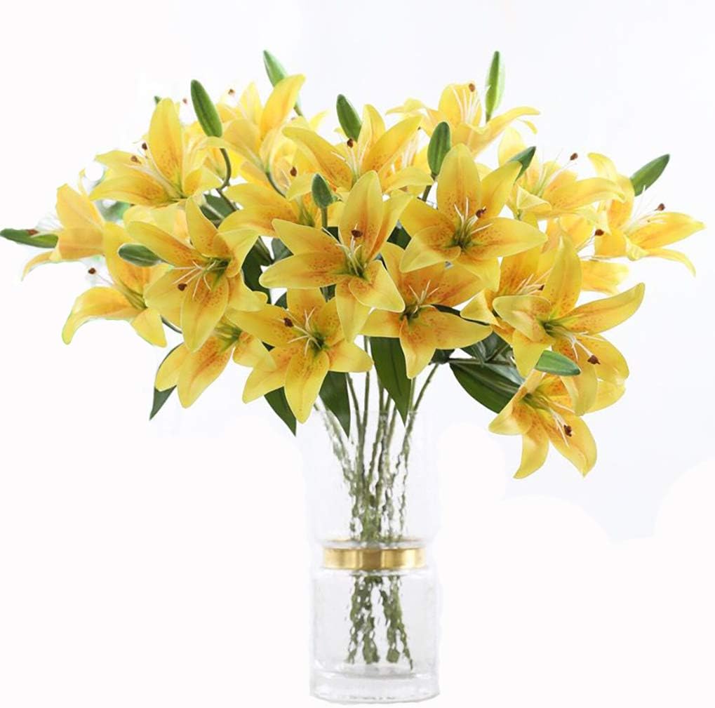 6 Pack Artificial Lily Flowers Full Bloom Fake Latex Real Touch Artificial Flower Bouquets with 3 Heads Wedding Party Decor Home Décor (Yellow)