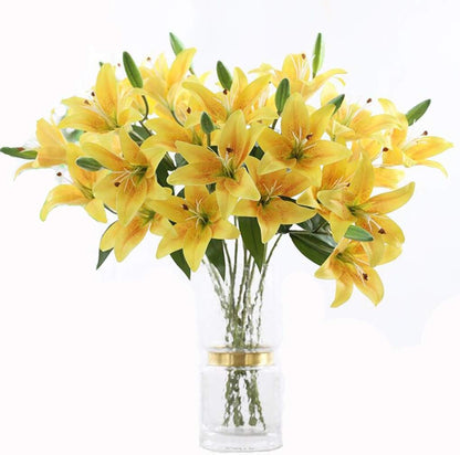 6 Pack Artificial Lily Flowers Full Bloom Fake Latex Real Touch Artificial Flower Bouquets with 3 Heads Wedding Party Decor Home Décor (Yellow)