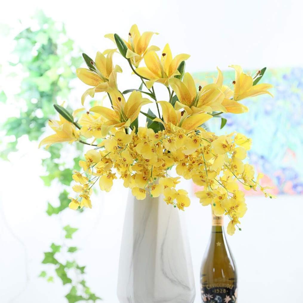 6 Pack Artificial Lily Flowers Full Bloom Fake Latex Real Touch Artificial Flower Bouquets with 3 Heads Wedding Party Decor Home Décor (Yellow)