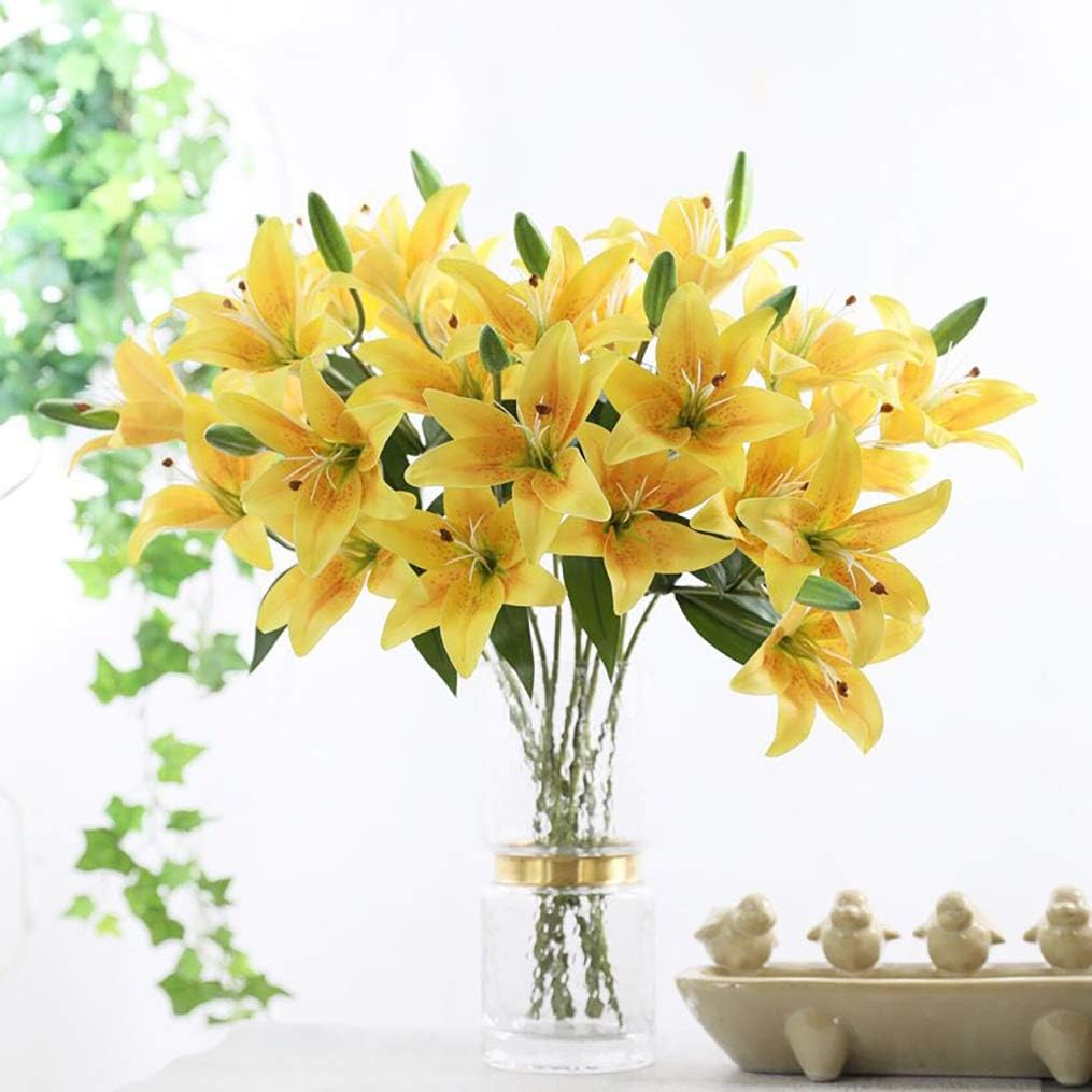 6 Pack Artificial Lily Flowers Full Bloom Fake Latex Real Touch Artificial Flower Bouquets with 3 Heads Wedding Party Decor Home Décor (Yellow)