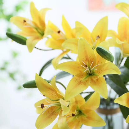 6 Pack Artificial Lily Flowers Full Bloom Fake Latex Real Touch Artificial Flower Bouquets with 3 Heads Wedding Party Decor Home Décor (Yellow)
