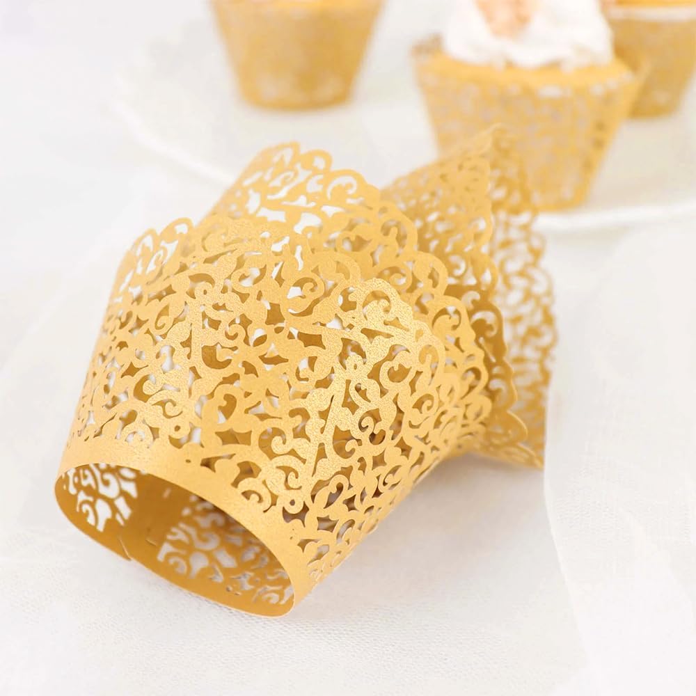 100pcs Yellow-Gold Cupcake Wrappers Artistic Bake Cake Paper Cups Little Vine Lace Laser Cut Liner Baking Cup Muffin Case Trays for Wedding Party Birthday Decoration (Gold)