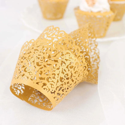 100pcs Yellow-Gold Cupcake Wrappers Artistic Bake Cake Paper Cups Little Vine Lace Laser Cut Liner Baking Cup Muffin Case Trays for Wedding Party Birthday Decoration (Gold)