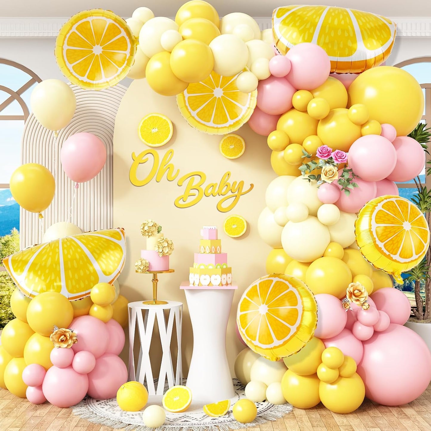 162Pcs Pastel Yellow Light Pink Lemon Balloon Arch Kit,Lemon Foil Balloons for Baby Shower, Lemonade Bridal Shower Decor