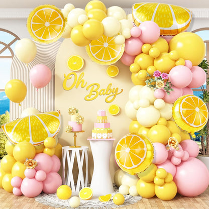 162Pcs Pastel Yellow Light Pink Lemon Balloon Arch Kit,Lemon Foil Balloons for Baby Shower, Lemonade Bridal Shower Decor