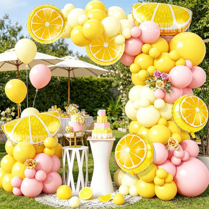 162Pcs Pastel Yellow Light Pink Lemon Balloon Arch Kit,Lemon Foil Balloons for Baby Shower, Lemonade Bridal Shower Decor