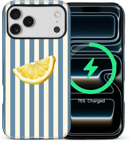 for iPhone 17 Pro Max Case,Compatible with MagSafe,Dual-Layer Hard Shell + Silicone Cover,Full Body Protection Shockproof Case for iPhone 17 Pro Max-Retro Striped Cute Summer Lemon