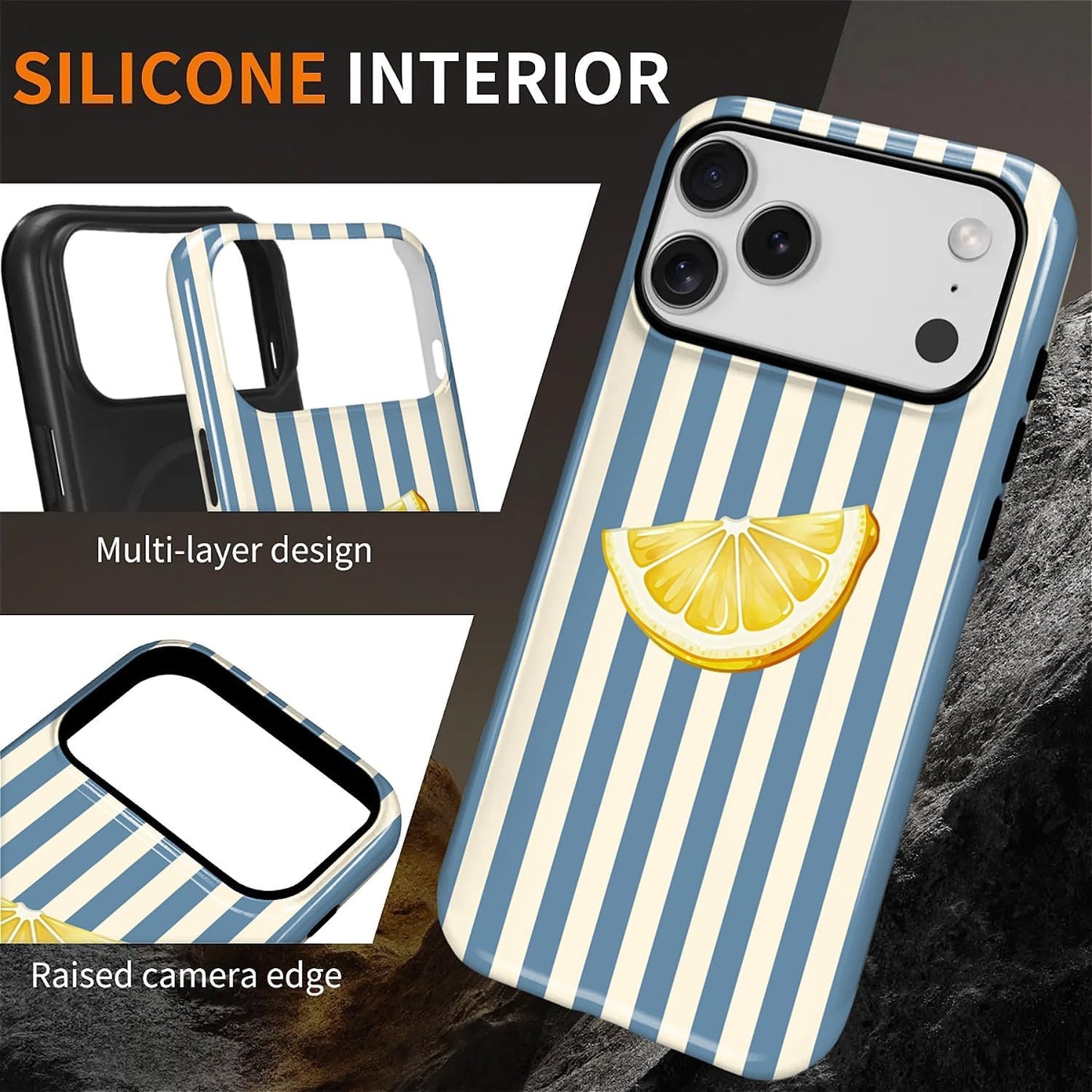 for iPhone 17 Pro Max Case,Compatible with MagSafe,Dual-Layer Hard Shell + Silicone Cover,Full Body Protection Shockproof Case for iPhone 17 Pro Max-Retro Striped Cute Summer Lemon
