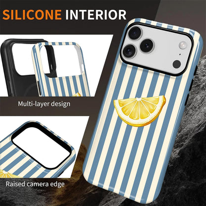 for iPhone 17 Pro Max Case,Compatible with MagSafe,Dual-Layer Hard Shell + Silicone Cover,Full Body Protection Shockproof Case for iPhone 17 Pro Max-Retro Striped Cute Summer Lemon