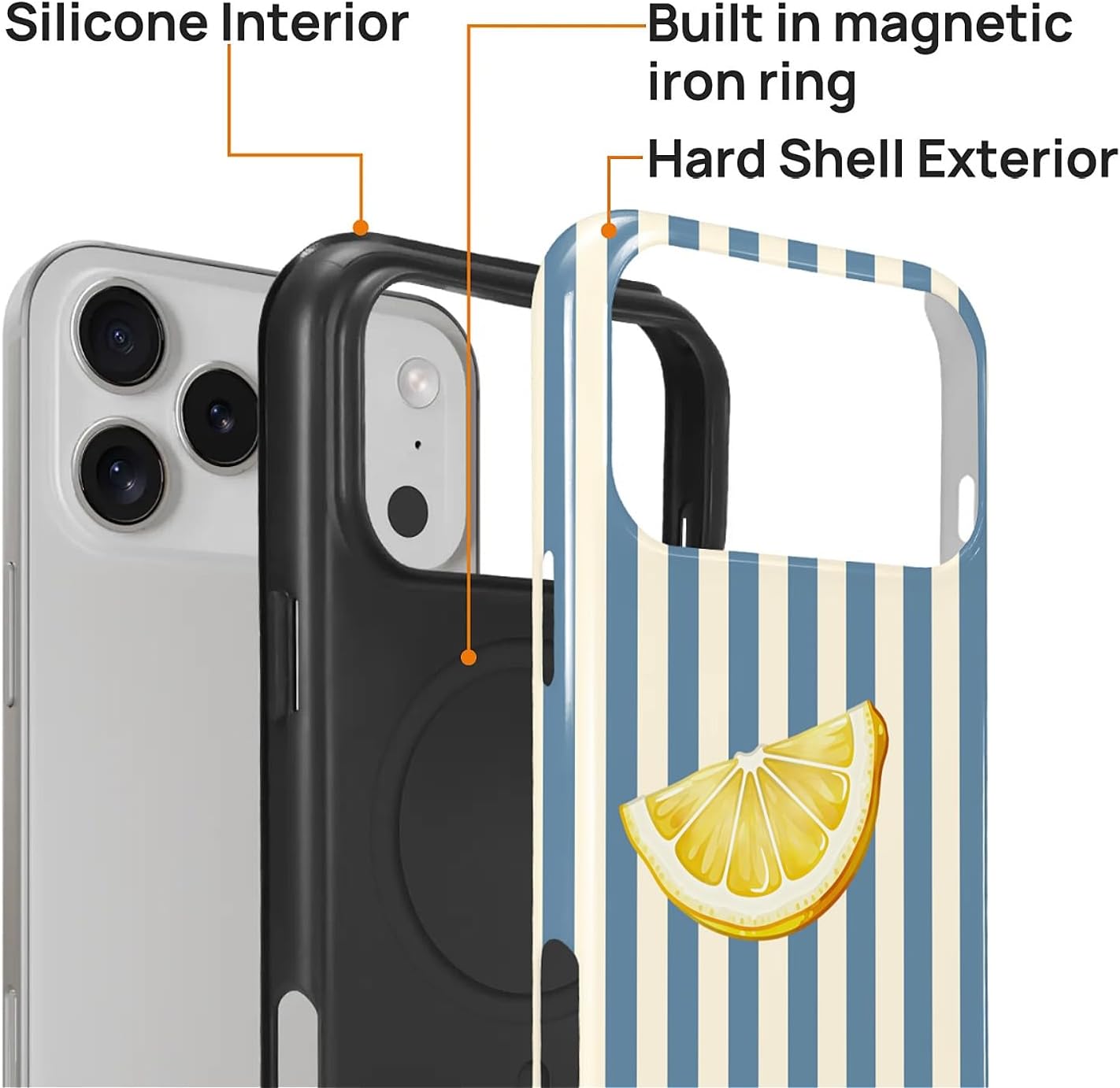 for iPhone 17 Pro Max Case,Compatible with MagSafe,Dual-Layer Hard Shell + Silicone Cover,Full Body Protection Shockproof Case for iPhone 17 Pro Max-Retro Striped Cute Summer Lemon