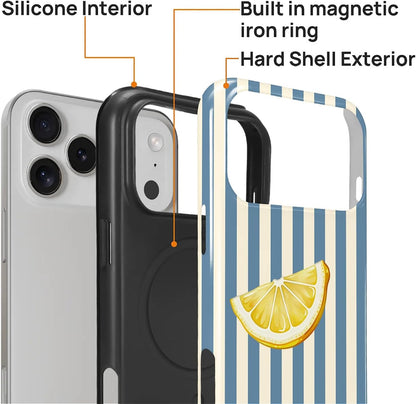 for iPhone 17 Pro Max Case,Compatible with MagSafe,Dual-Layer Hard Shell + Silicone Cover,Full Body Protection Shockproof Case for iPhone 17 Pro Max-Retro Striped Cute Summer Lemon