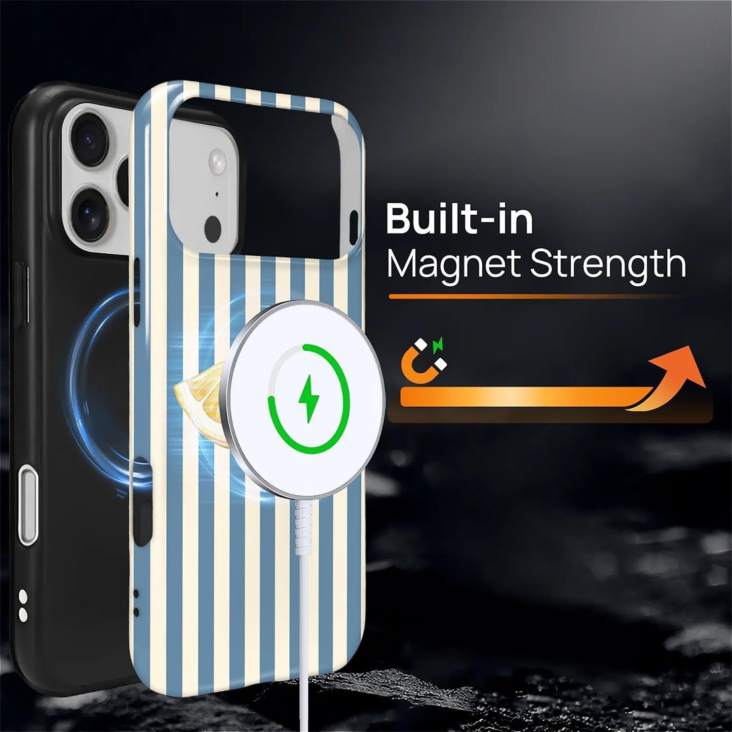 for iPhone 17 Pro Max Case,Compatible with MagSafe,Dual-Layer Hard Shell + Silicone Cover,Full Body Protection Shockproof Case for iPhone 17 Pro Max-Retro Striped Cute Summer Lemon