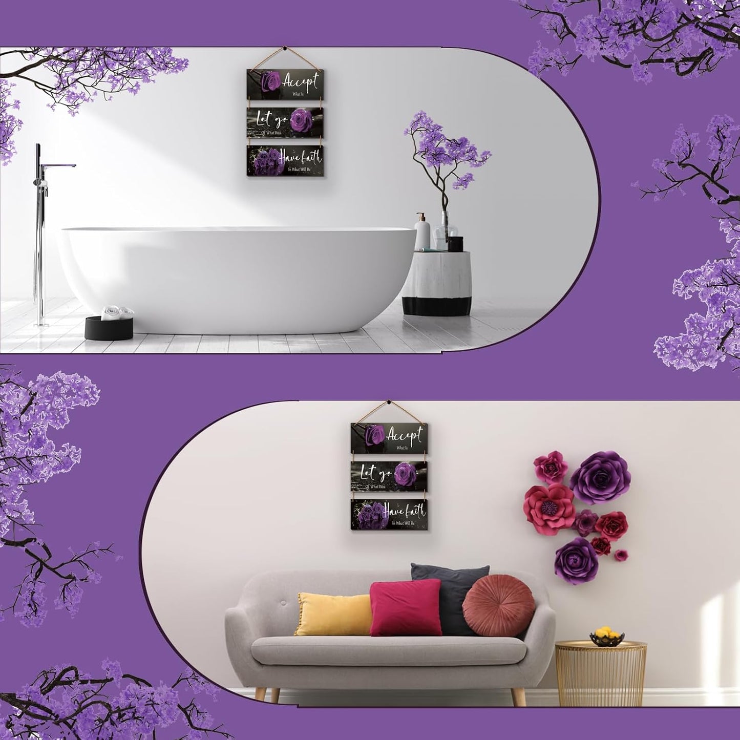 3 Pcs Yellow Wall Decor Inspirational Yellow Rose Bathroom Wooden Wall Art Office Wall Decor With Accept Let Go Have Faith Quotes For Girl Women Bathroom Bedroom(yellow 12 X 4 Inch)