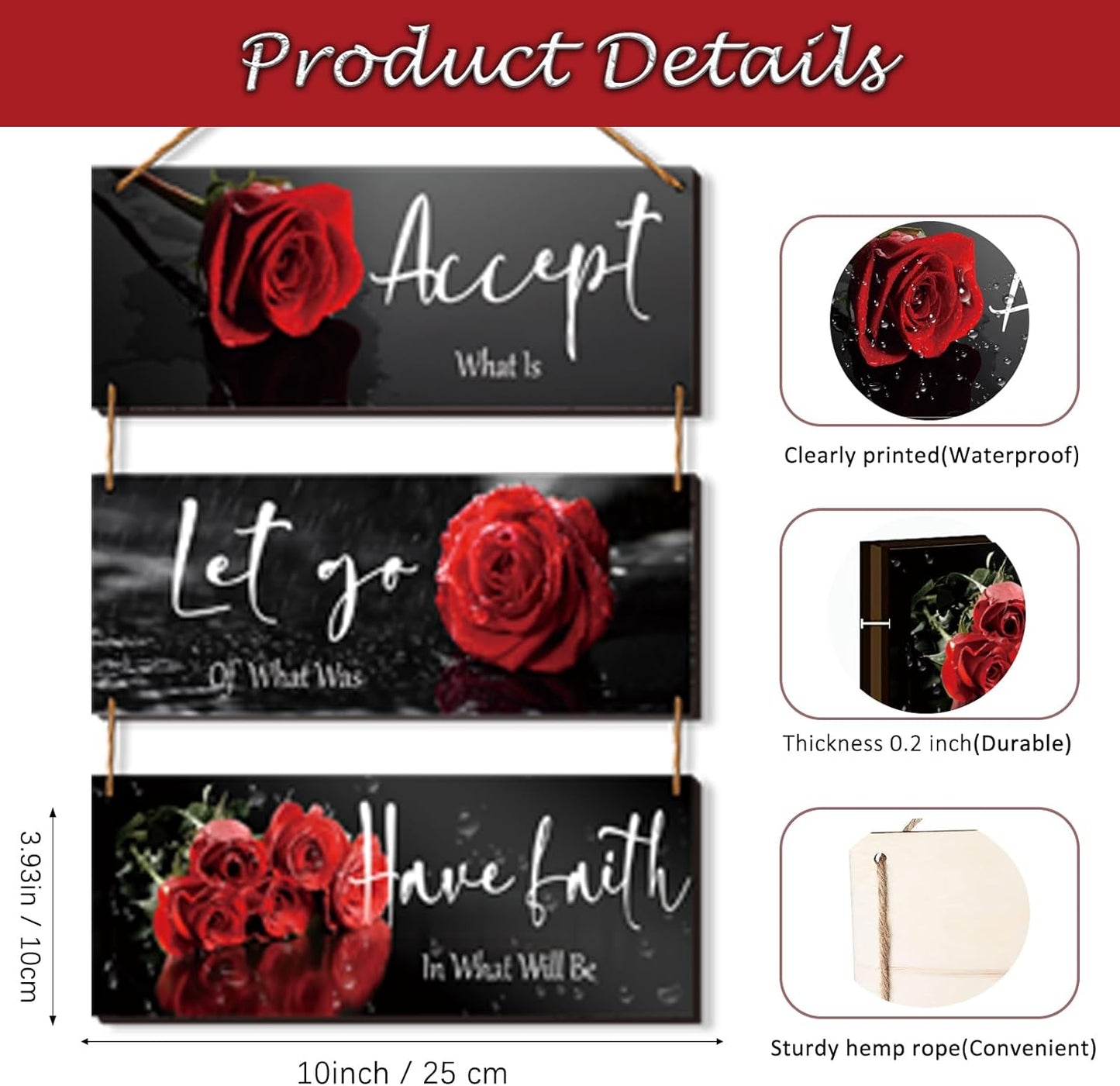 3 Pcs Yellow Wall Decor Inspirational Yellow Rose Bathroom Wooden Wall Art Office Wall Decor With Accept Let Go Have Faith Quotes For Girl Women Bathroom Bedroom(yellow 12 X 4 Inch)