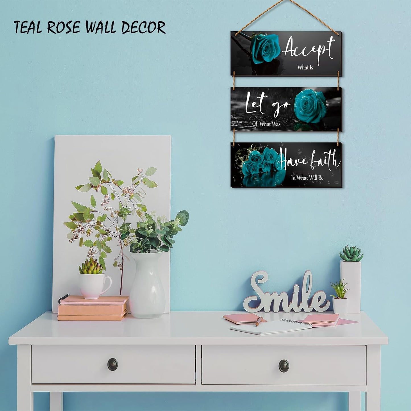 3 Pcs Yellow Wall Decor Inspirational Yellow Rose Bathroom Wooden Wall Art Office Wall Decor With Accept Let Go Have Faith Quotes For Girl Women Bathroom Bedroom(yellow 12 X 4 Inch)