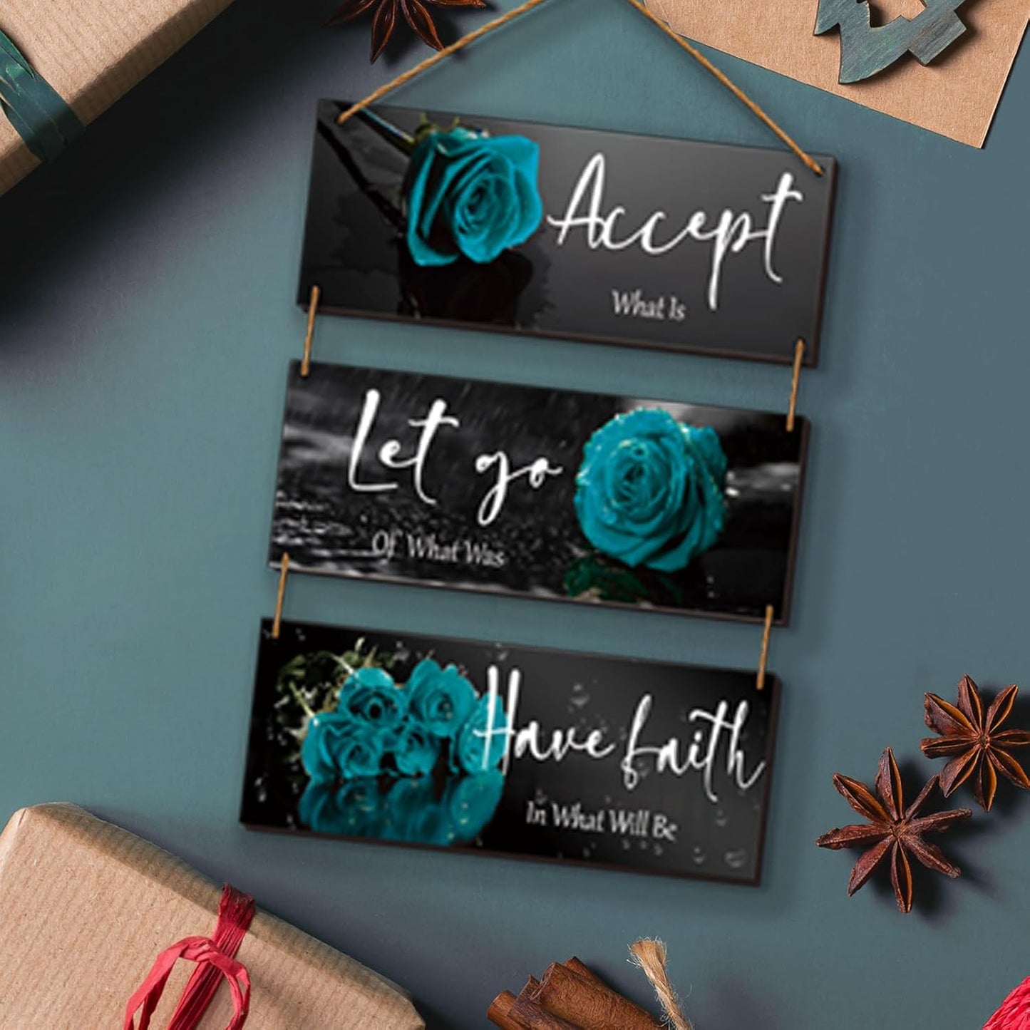 3 Pcs Yellow Wall Decor Inspirational Yellow Rose Bathroom Wooden Wall Art Office Wall Decor With Accept Let Go Have Faith Quotes For Girl Women Bathroom Bedroom(yellow 12 X 4 Inch)