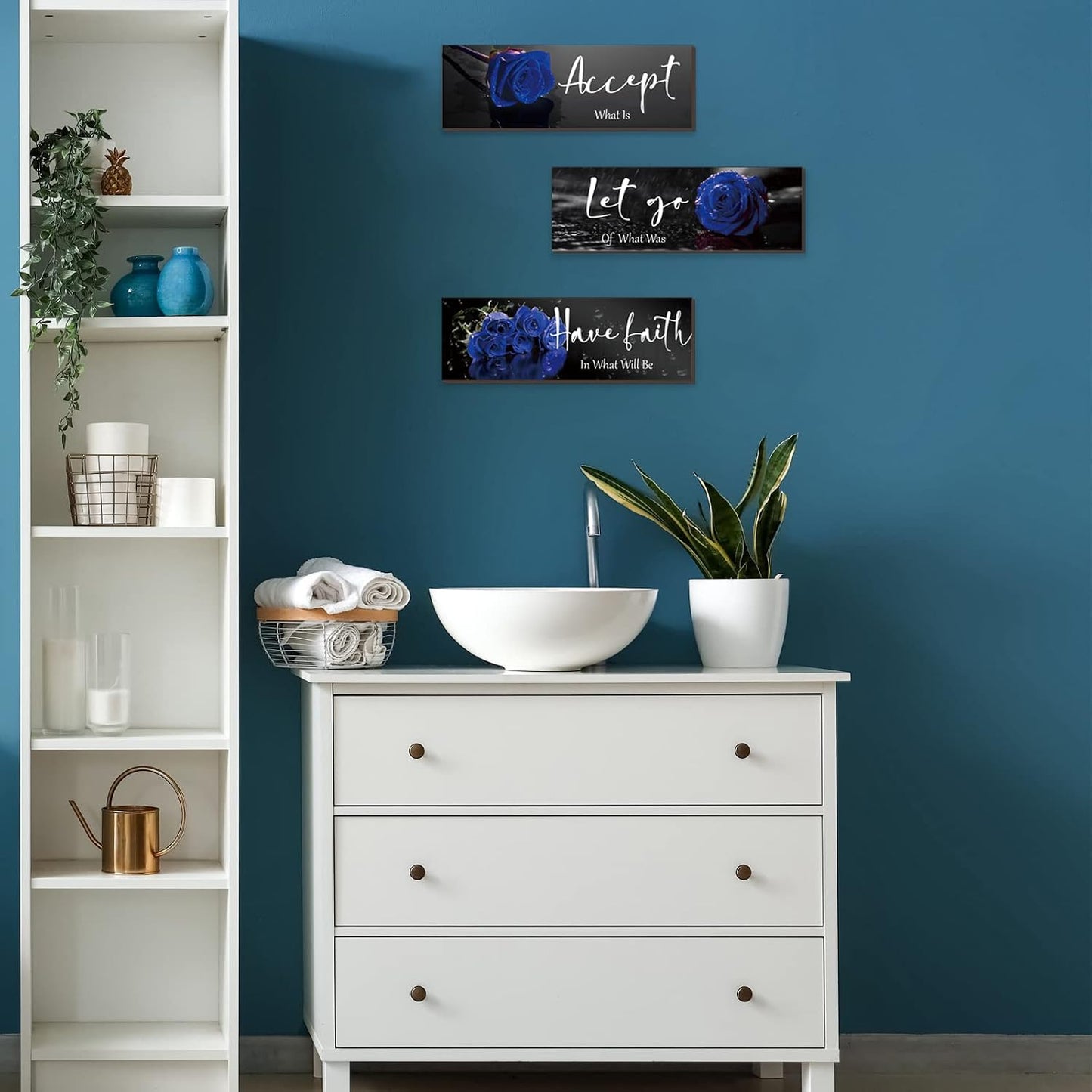 3 Pcs Yellow Wall Decor Inspirational Yellow Rose Bathroom Wooden Wall Art Office Wall Decor With Accept Let Go Have Faith Quotes For Girl Women Bathroom Bedroom(yellow 12 X 4 Inch)