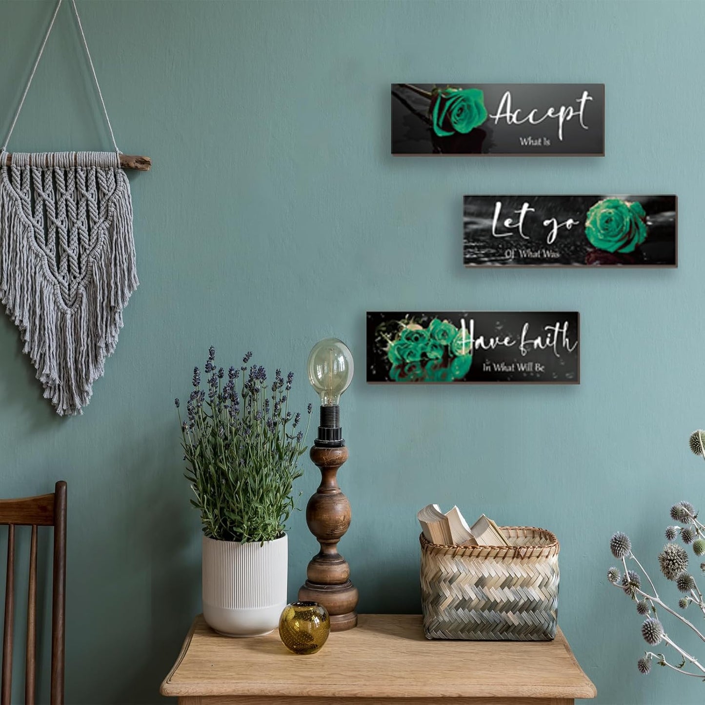 3 Pcs Yellow Wall Decor Inspirational Yellow Rose Bathroom Wooden Wall Art Office Wall Decor With Accept Let Go Have Faith Quotes For Girl Women Bathroom Bedroom(yellow 12 X 4 Inch)