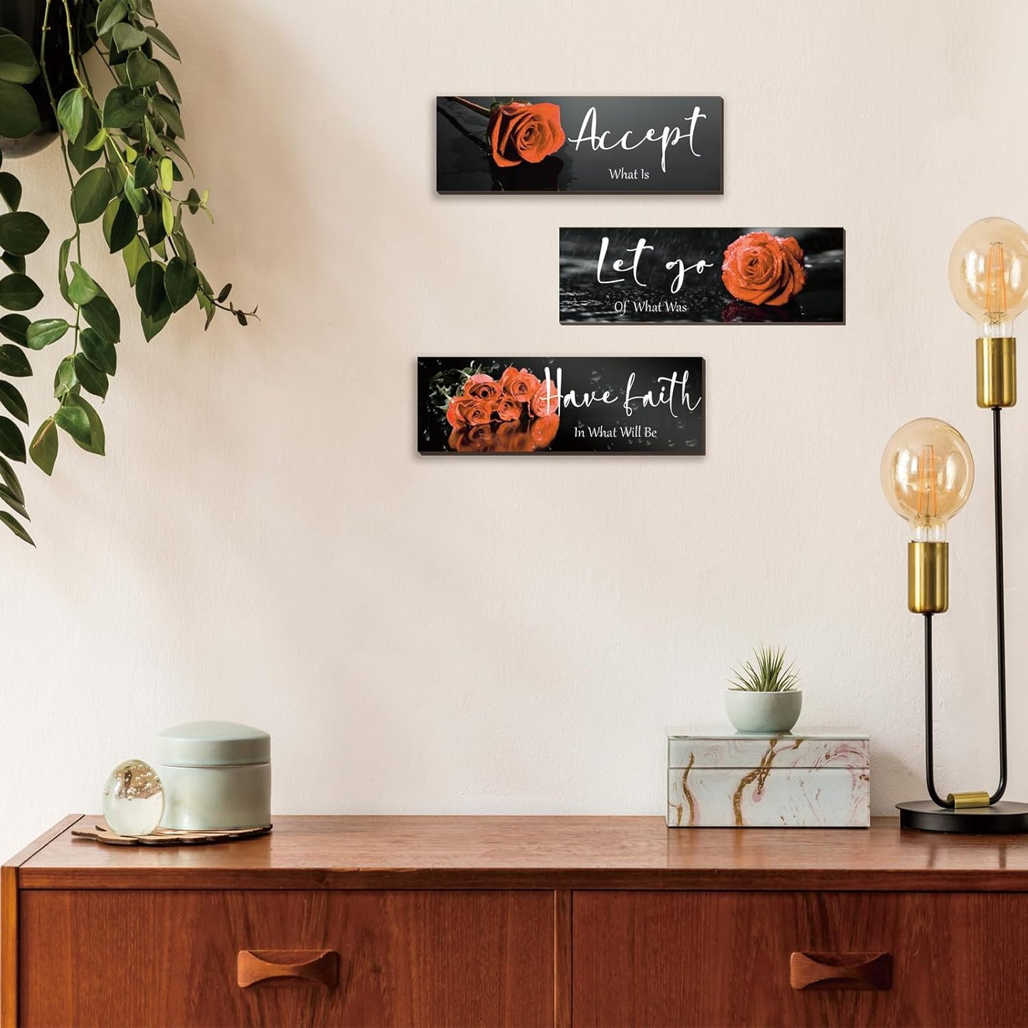 3 Pcs Yellow Wall Decor Inspirational Yellow Rose Bathroom Wooden Wall Art Office Wall Decor With Accept Let Go Have Faith Quotes For Girl Women Bathroom Bedroom(yellow 12 X 4 Inch)