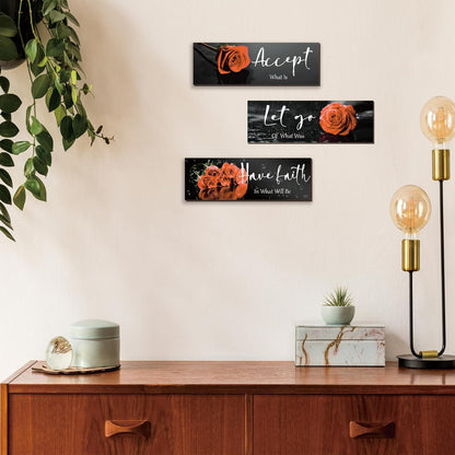3 Pcs Yellow Wall Decor Inspirational Yellow Rose Bathroom Wooden Wall Art Office Wall Decor With Accept Let Go Have Faith Quotes For Girl Women Bathroom Bedroom(yellow 12 X 4 Inch)