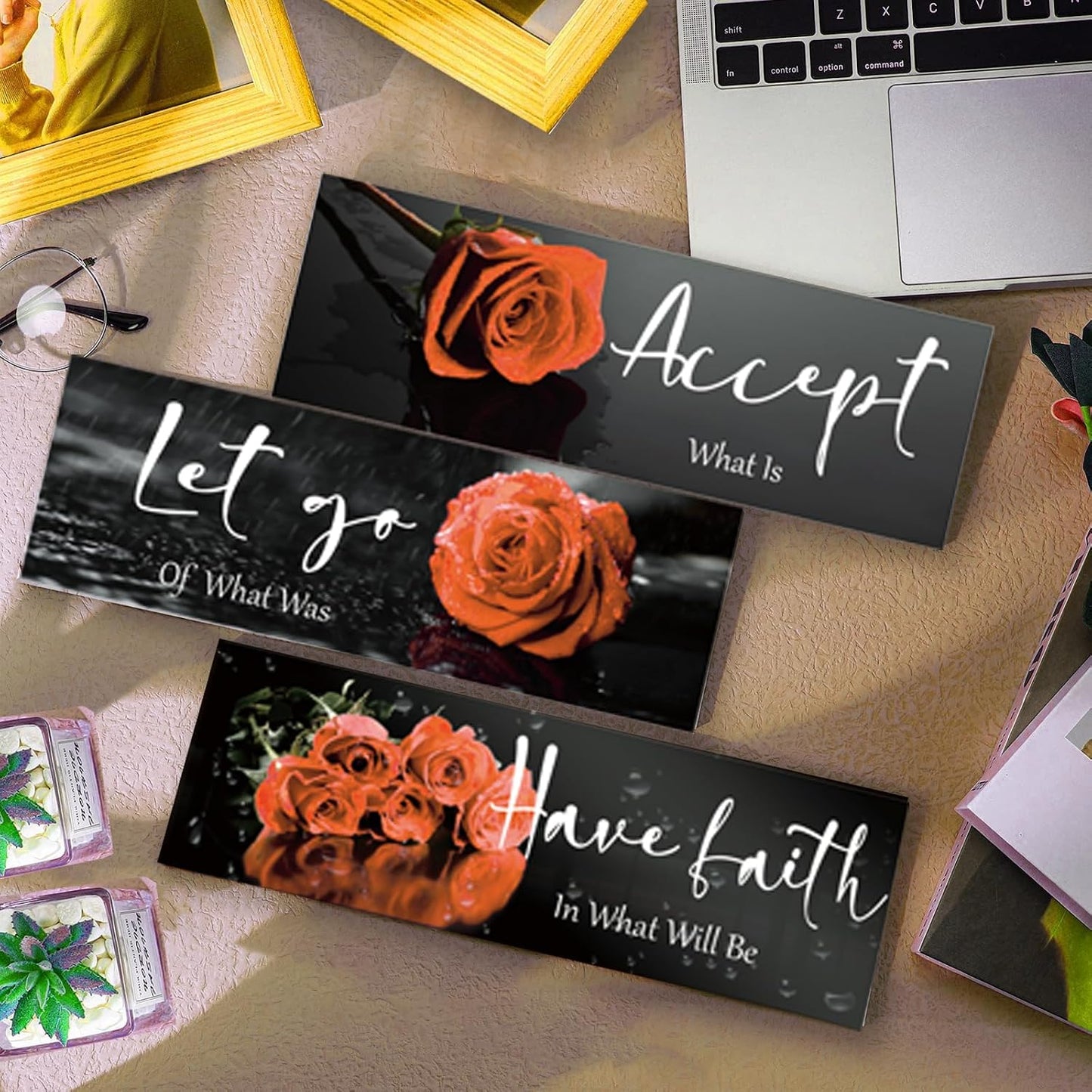3 Pcs Yellow Wall Decor Inspirational Yellow Rose Bathroom Wooden Wall Art Office Wall Decor With Accept Let Go Have Faith Quotes For Girl Women Bathroom Bedroom(yellow 12 X 4 Inch)