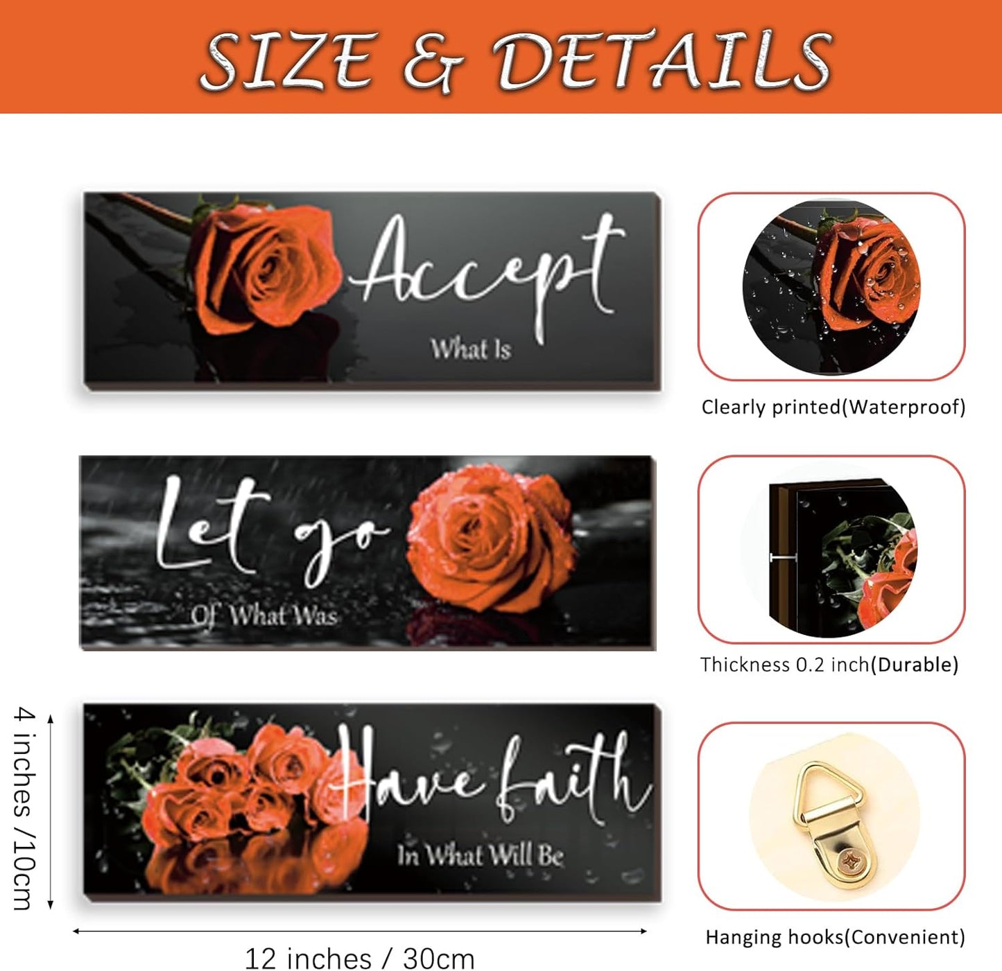 3 Pcs Yellow Wall Decor Inspirational Yellow Rose Bathroom Wooden Wall Art Office Wall Decor With Accept Let Go Have Faith Quotes For Girl Women Bathroom Bedroom(yellow 12 X 4 Inch)