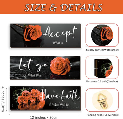 3 Pcs Yellow Wall Decor Inspirational Yellow Rose Bathroom Wooden Wall Art Office Wall Decor With Accept Let Go Have Faith Quotes For Girl Women Bathroom Bedroom(yellow 12 X 4 Inch)