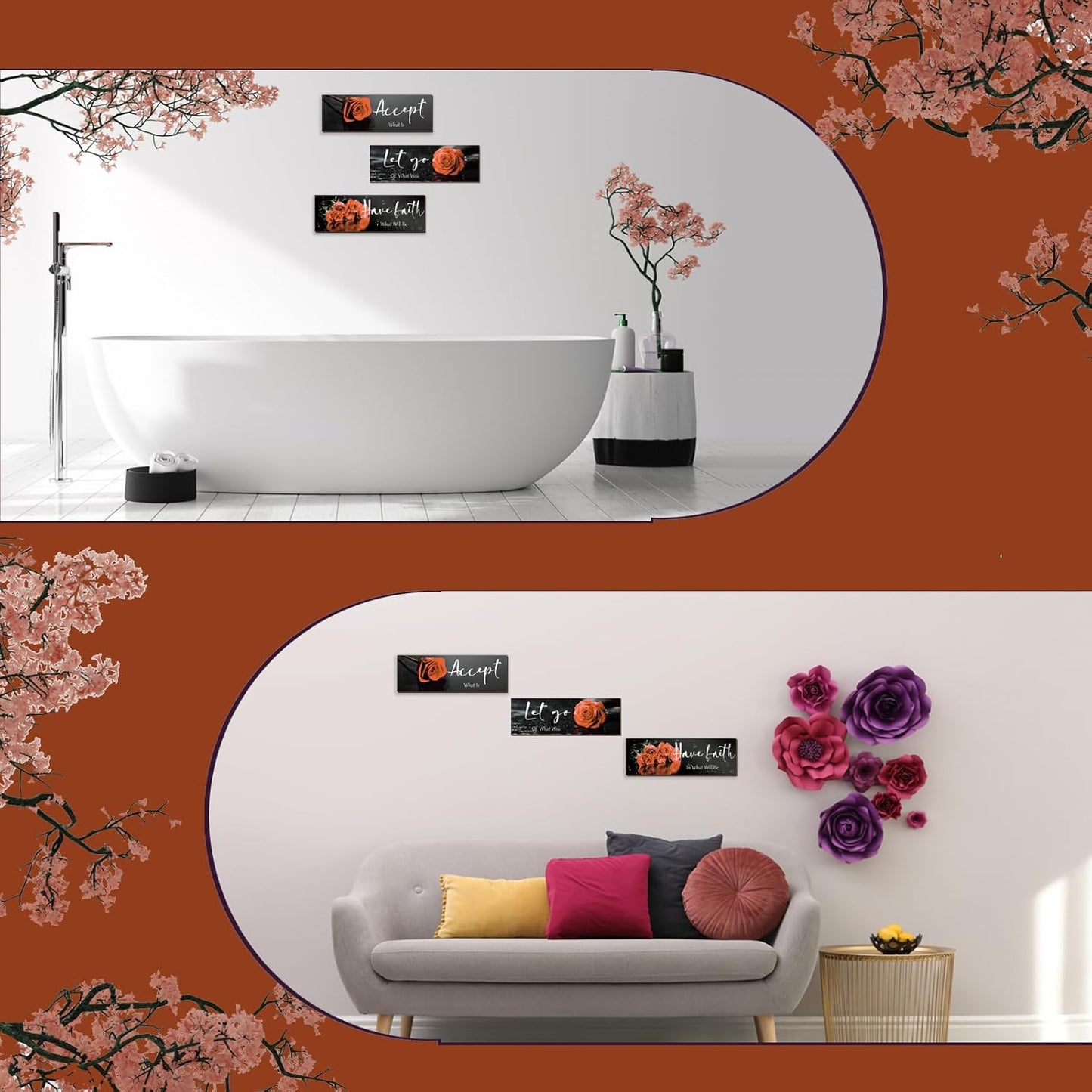 3 Pcs Yellow Wall Decor Inspirational Yellow Rose Bathroom Wooden Wall Art Office Wall Decor With Accept Let Go Have Faith Quotes For Girl Women Bathroom Bedroom(yellow 12 X 4 Inch)