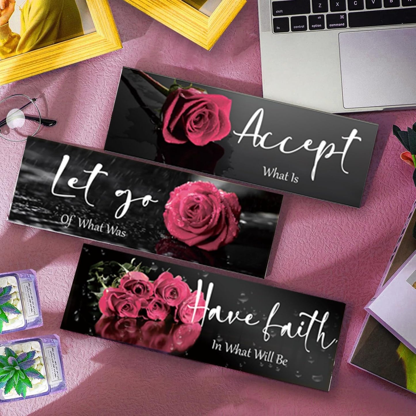 3 Pcs Yellow Wall Decor Inspirational Yellow Rose Bathroom Wooden Wall Art Office Wall Decor With Accept Let Go Have Faith Quotes For Girl Women Bathroom Bedroom(yellow 12 X 4 Inch)