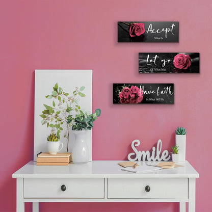 3 Pcs Yellow Wall Decor Inspirational Yellow Rose Bathroom Wooden Wall Art Office Wall Decor With Accept Let Go Have Faith Quotes For Girl Women Bathroom Bedroom(yellow 12 X 4 Inch)