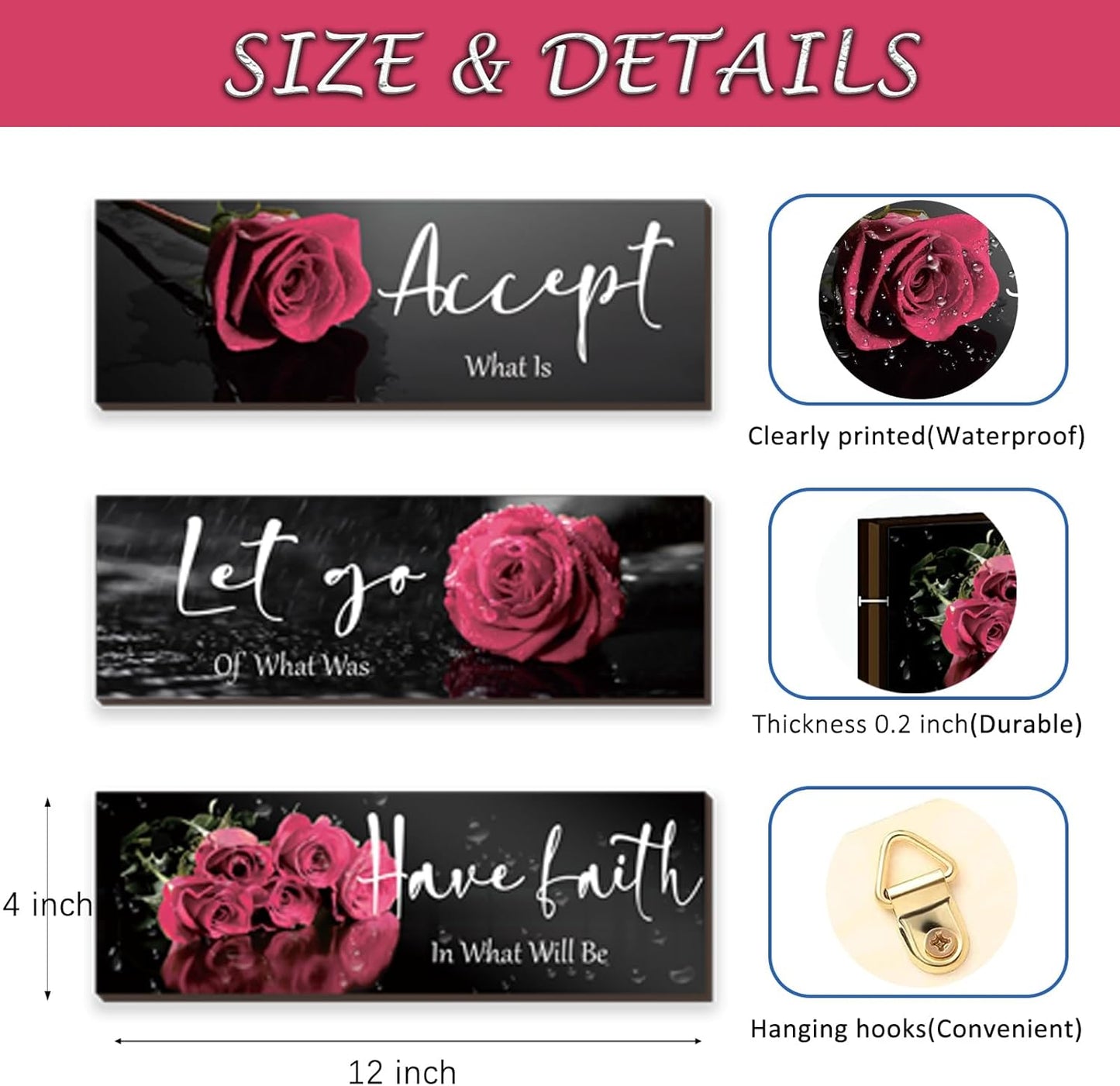 3 Pcs Yellow Wall Decor Inspirational Yellow Rose Bathroom Wooden Wall Art Office Wall Decor With Accept Let Go Have Faith Quotes For Girl Women Bathroom Bedroom(yellow 12 X 4 Inch)