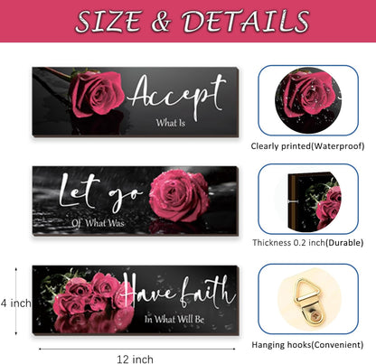 3 Pcs Yellow Wall Decor Inspirational Yellow Rose Bathroom Wooden Wall Art Office Wall Decor With Accept Let Go Have Faith Quotes For Girl Women Bathroom Bedroom(yellow 12 X 4 Inch)