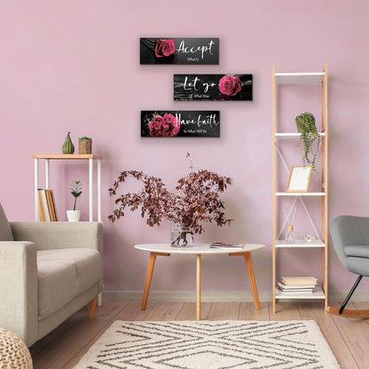 3 Pcs Yellow Wall Decor Inspirational Yellow Rose Bathroom Wooden Wall Art Office Wall Decor With Accept Let Go Have Faith Quotes For Girl Women Bathroom Bedroom(yellow 12 X 4 Inch)