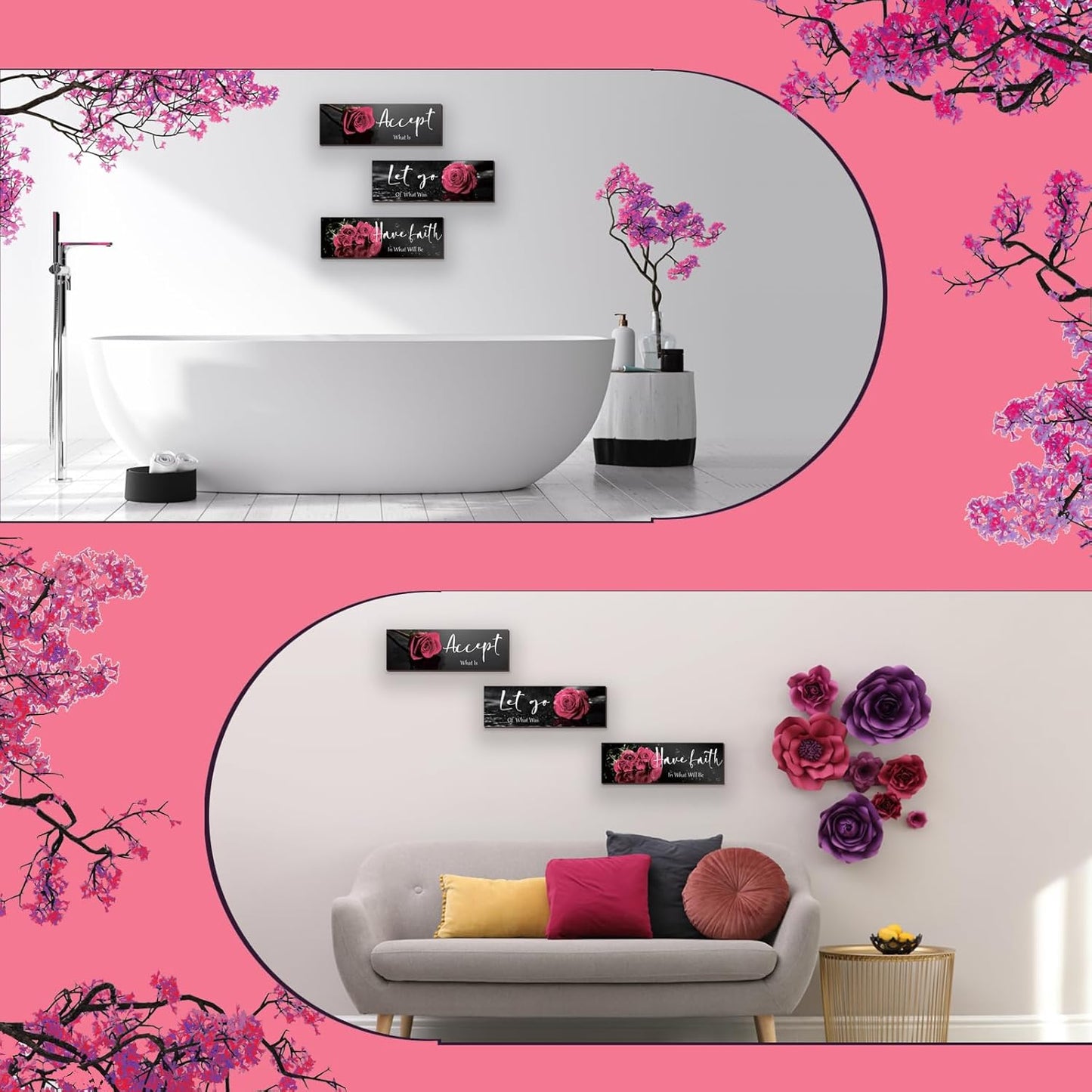 3 Pcs Yellow Wall Decor Inspirational Yellow Rose Bathroom Wooden Wall Art Office Wall Decor With Accept Let Go Have Faith Quotes For Girl Women Bathroom Bedroom(yellow 12 X 4 Inch)
