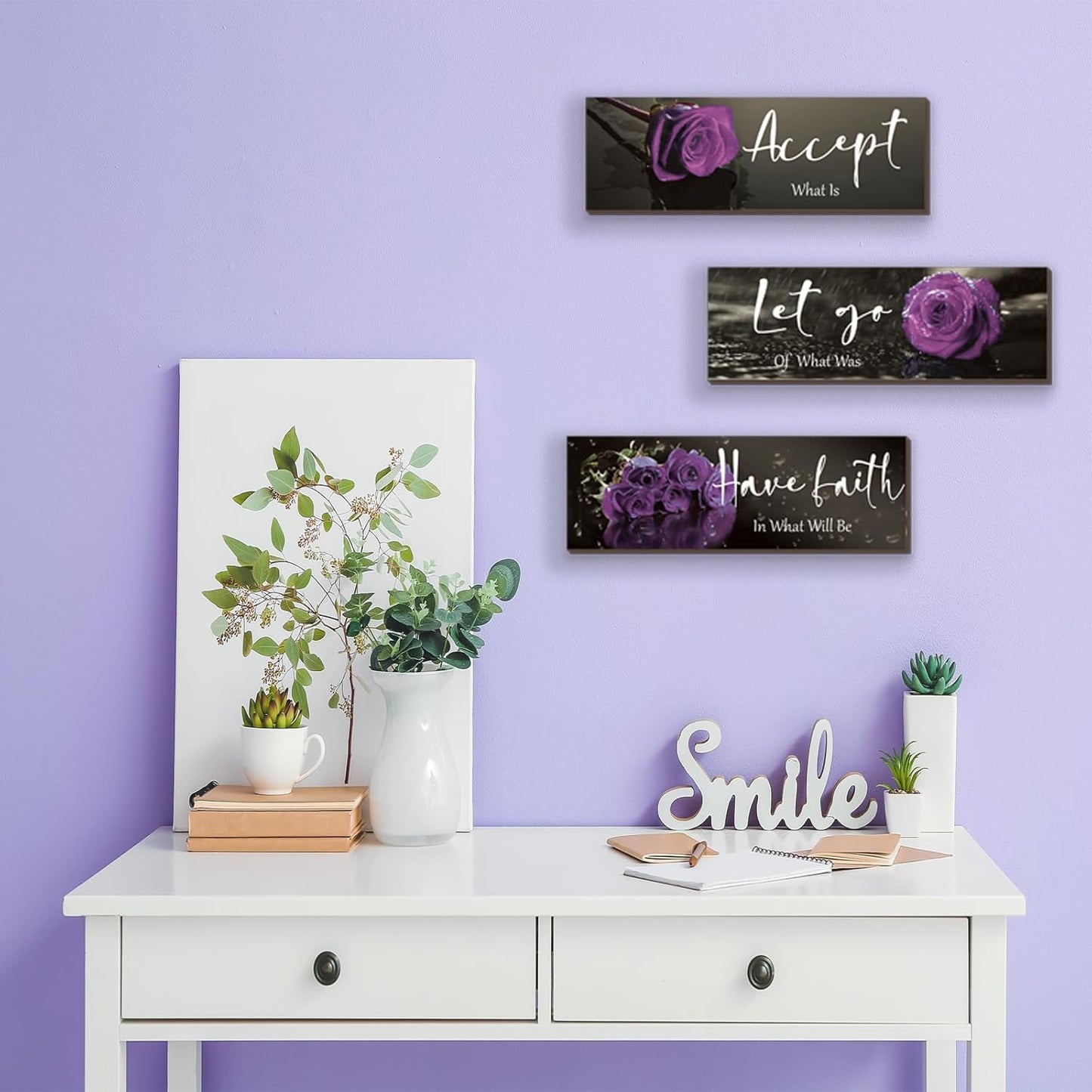 3 Pcs Yellow Wall Decor Inspirational Yellow Rose Bathroom Wooden Wall Art Office Wall Decor With Accept Let Go Have Faith Quotes For Girl Women Bathroom Bedroom(yellow 12 X 4 Inch)