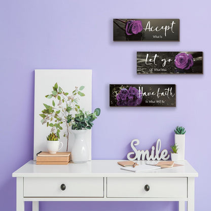 3 Pcs Yellow Wall Decor Inspirational Yellow Rose Bathroom Wooden Wall Art Office Wall Decor With Accept Let Go Have Faith Quotes For Girl Women Bathroom Bedroom(yellow 12 X 4 Inch)