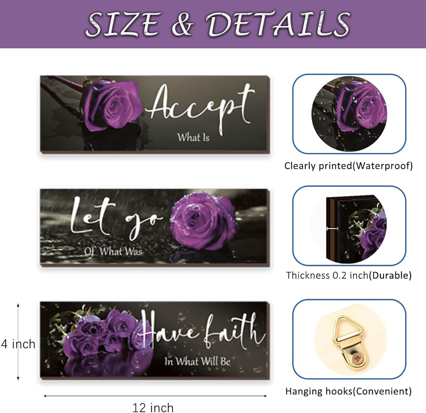 3 Pcs Yellow Wall Decor Inspirational Yellow Rose Bathroom Wooden Wall Art Office Wall Decor With Accept Let Go Have Faith Quotes For Girl Women Bathroom Bedroom(yellow 12 X 4 Inch)