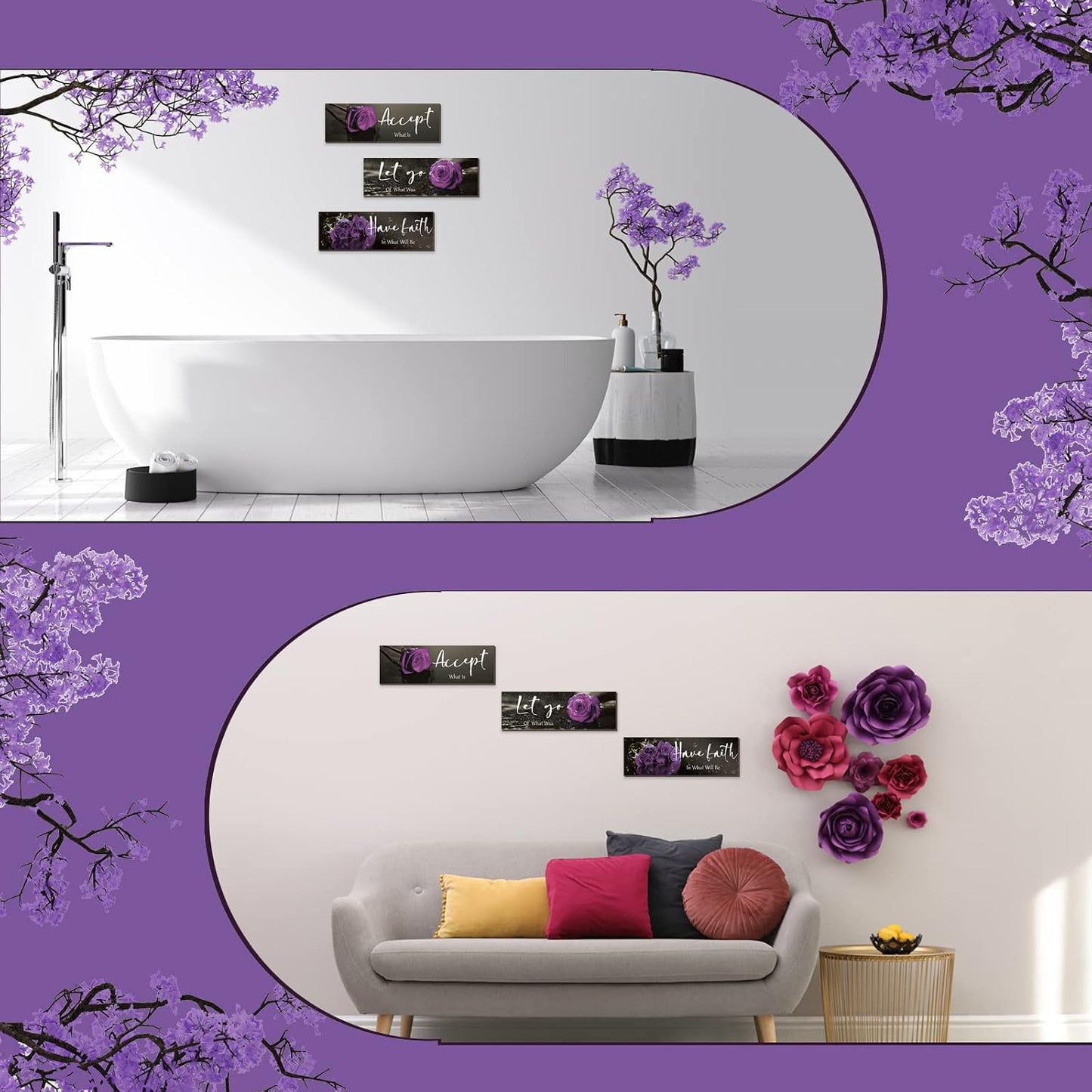 3 Pcs Yellow Wall Decor Inspirational Yellow Rose Bathroom Wooden Wall Art Office Wall Decor With Accept Let Go Have Faith Quotes For Girl Women Bathroom Bedroom(yellow 12 X 4 Inch)