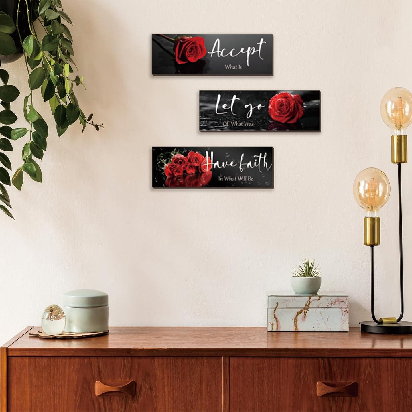 3 Pcs Yellow Wall Decor Inspirational Yellow Rose Bathroom Wooden Wall Art Office Wall Decor With Accept Let Go Have Faith Quotes For Girl Women Bathroom Bedroom(yellow 12 X 4 Inch)