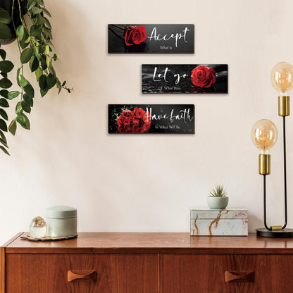 3 Pcs Yellow Wall Decor Inspirational Yellow Rose Bathroom Wooden Wall Art Office Wall Decor With Accept Let Go Have Faith Quotes For Girl Women Bathroom Bedroom(yellow 12 X 4 Inch)