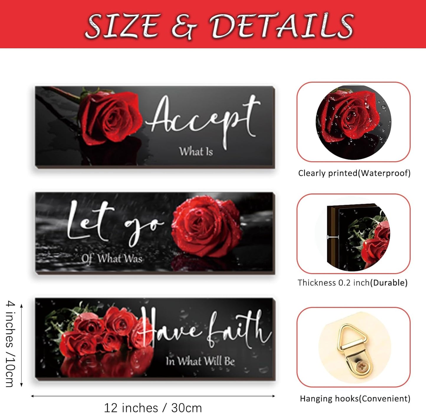 3 Pcs Yellow Wall Decor Inspirational Yellow Rose Bathroom Wooden Wall Art Office Wall Decor With Accept Let Go Have Faith Quotes For Girl Women Bathroom Bedroom(yellow 12 X 4 Inch)