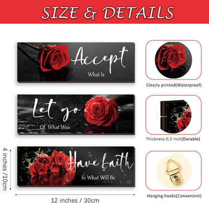 3 Pcs Yellow Wall Decor Inspirational Yellow Rose Bathroom Wooden Wall Art Office Wall Decor With Accept Let Go Have Faith Quotes For Girl Women Bathroom Bedroom(yellow 12 X 4 Inch)
