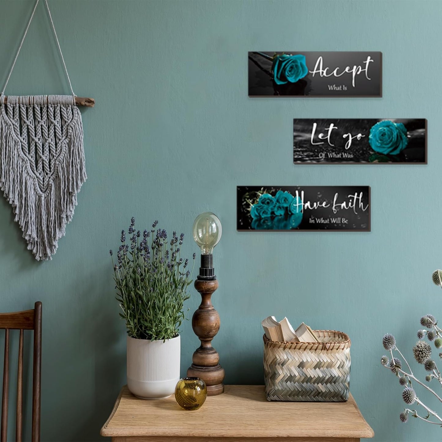 3 Pcs Yellow Wall Decor Inspirational Yellow Rose Bathroom Wooden Wall Art Office Wall Decor With Accept Let Go Have Faith Quotes For Girl Women Bathroom Bedroom(yellow 12 X 4 Inch)