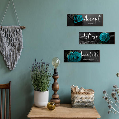 3 Pcs Yellow Wall Decor Inspirational Yellow Rose Bathroom Wooden Wall Art Office Wall Decor With Accept Let Go Have Faith Quotes For Girl Women Bathroom Bedroom(yellow 12 X 4 Inch)
