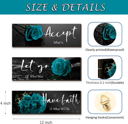 3 Pcs Yellow Wall Decor Inspirational Yellow Rose Bathroom Wooden Wall Art Office Wall Decor With Accept Let Go Have Faith Quotes For Girl Women Bathroom Bedroom(yellow 12 X 4 Inch)