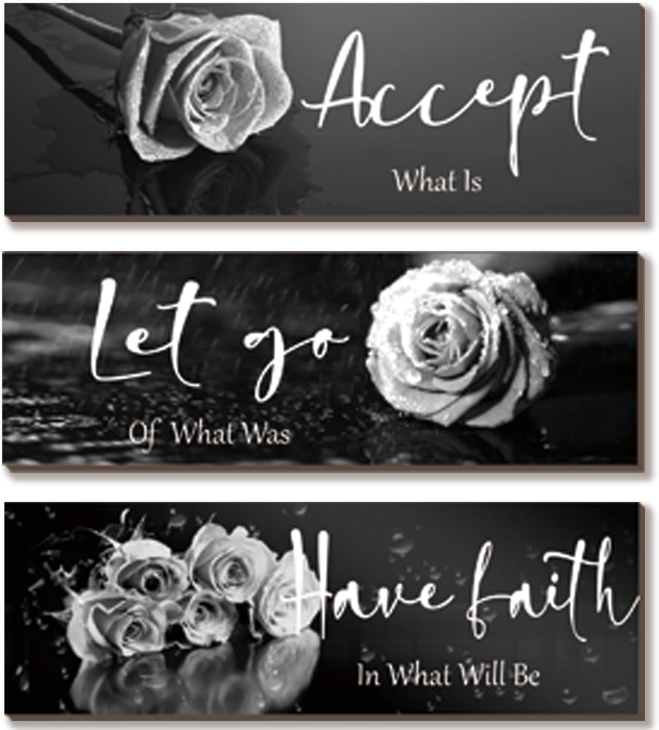 3 Pcs Yellow Wall Decor Inspirational Yellow Rose Bathroom Wooden Wall Art Office Wall Decor With Accept Let Go Have Faith Quotes For Girl Women Bathroom Bedroom(yellow 12 X 4 Inch)