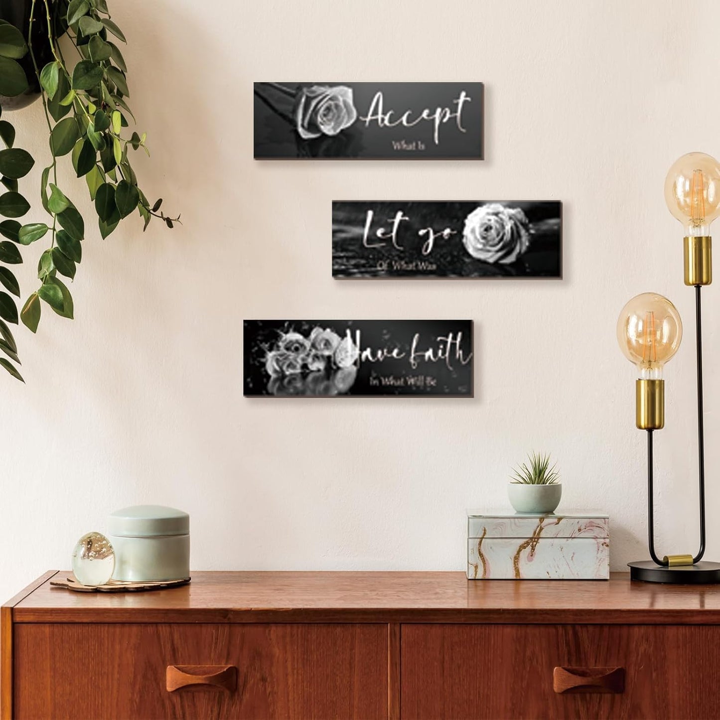 3 Pcs Yellow Wall Decor Inspirational Yellow Rose Bathroom Wooden Wall Art Office Wall Decor With Accept Let Go Have Faith Quotes For Girl Women Bathroom Bedroom(yellow 12 X 4 Inch)