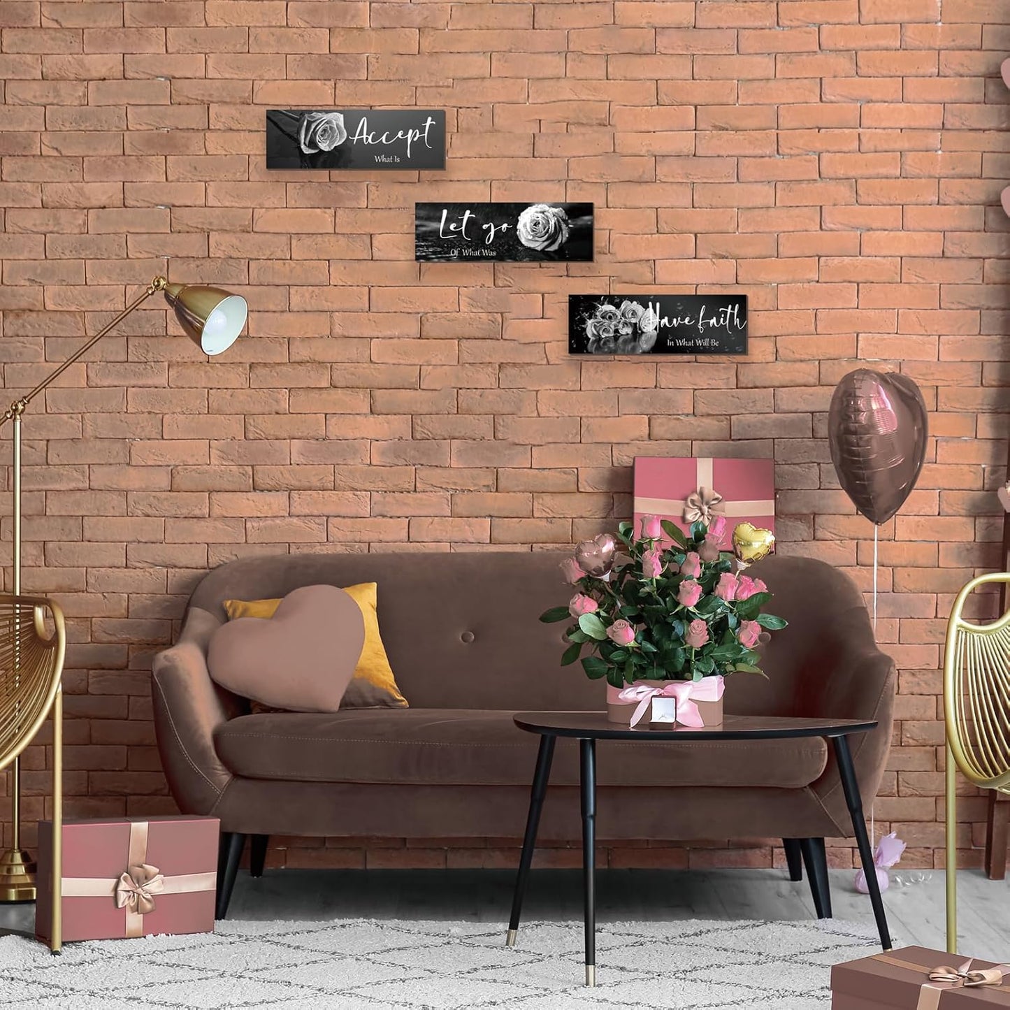 3 Pcs Yellow Wall Decor Inspirational Yellow Rose Bathroom Wooden Wall Art Office Wall Decor With Accept Let Go Have Faith Quotes For Girl Women Bathroom Bedroom(yellow 12 X 4 Inch)